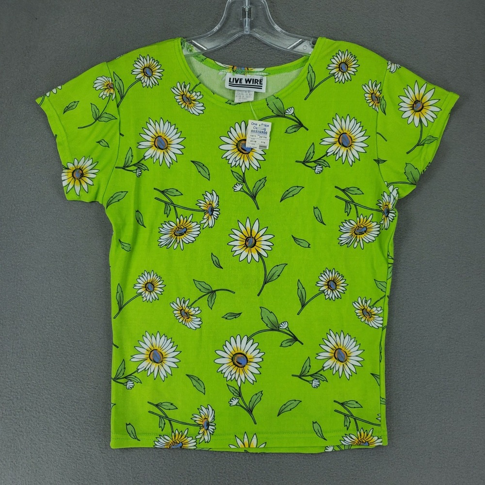 Live Wire Floral T-Shirt Womens M Green Daisy Print Y2K Short Sleeve NEW 90s